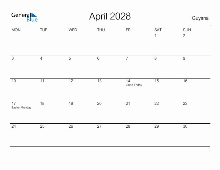 Printable April 2028 Calendar for Guyana
