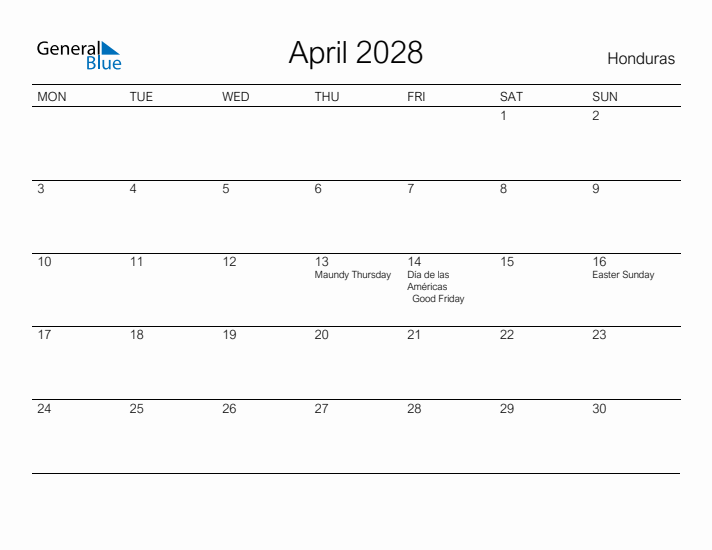 Printable April 2028 Calendar for Honduras