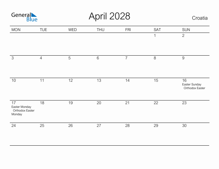 Printable April 2028 Calendar for Croatia