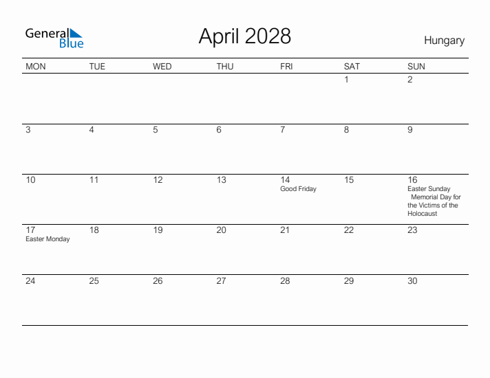 Printable April 2028 Calendar for Hungary