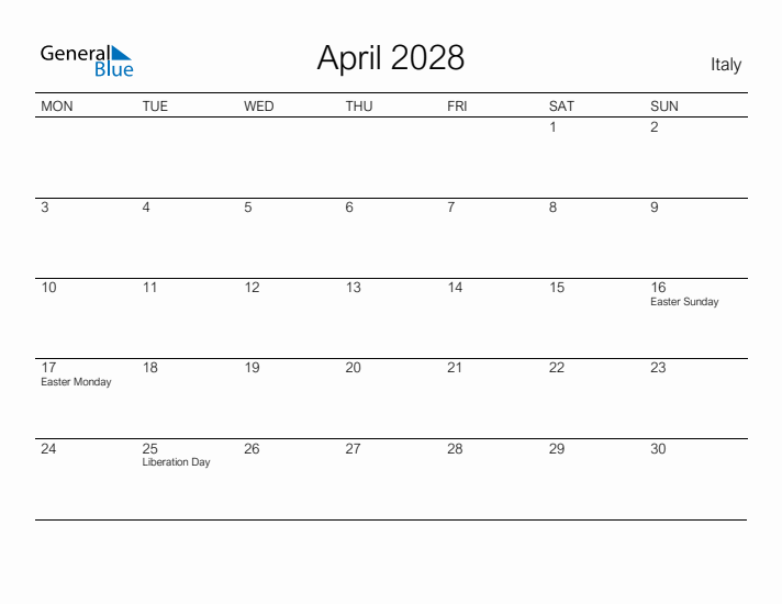 Printable April 2028 Calendar for Italy