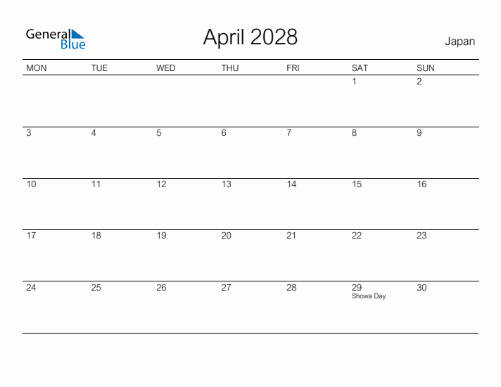 Printable April 2028 Calendar for Japan