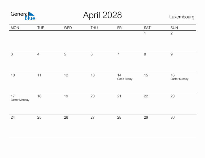 Printable April 2028 Calendar for Luxembourg
