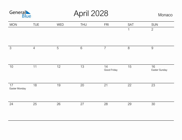 Printable April 2028 Calendar for Monaco