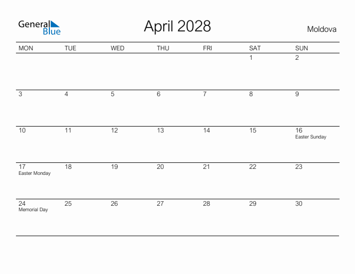 Printable April 2028 Calendar for Moldova