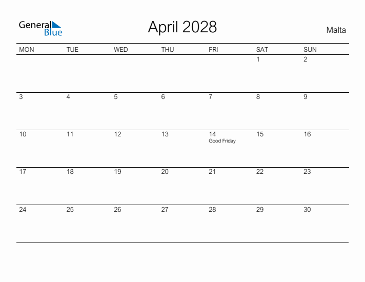 Printable April 2028 Calendar for Malta