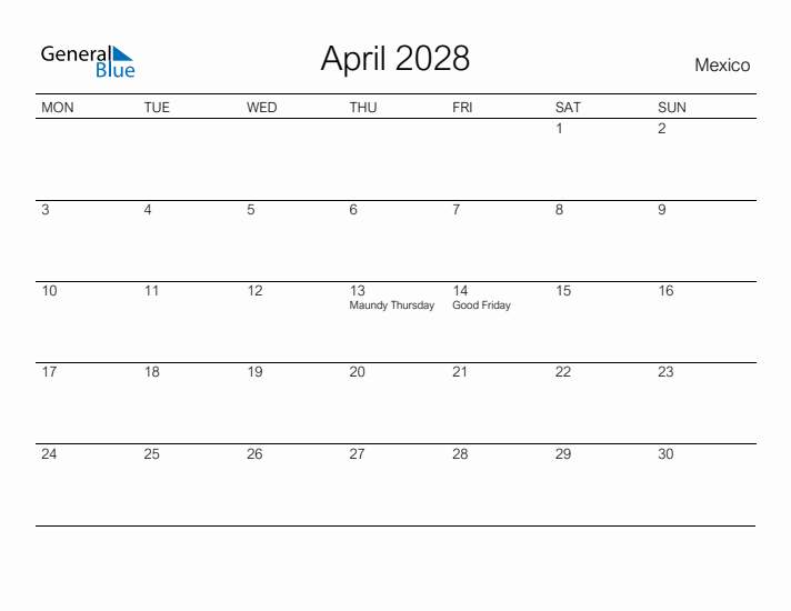 Printable April 2028 Calendar for Mexico