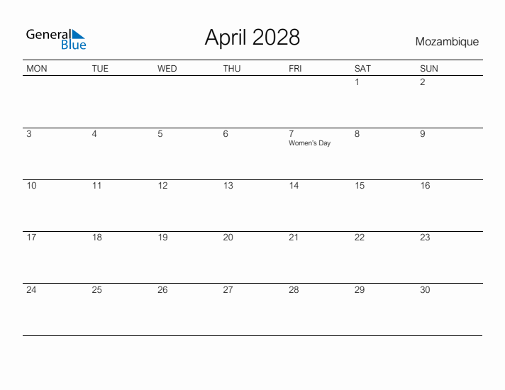 Printable April 2028 Calendar for Mozambique