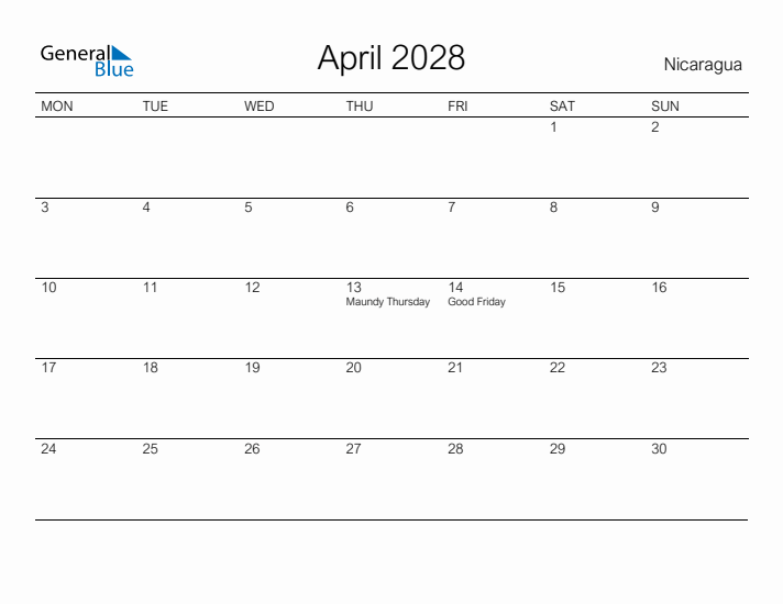 Printable April 2028 Calendar for Nicaragua