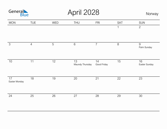Printable April 2028 Calendar for Norway