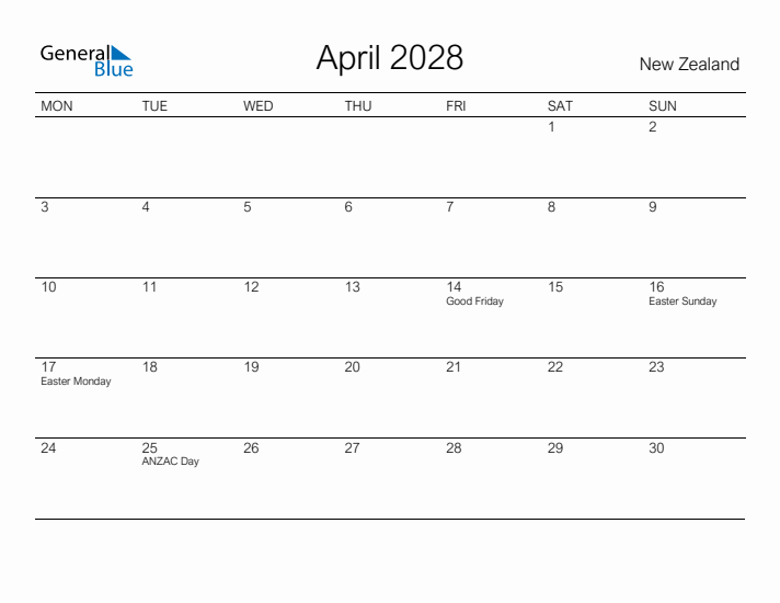 Printable April 2028 Calendar for New Zealand