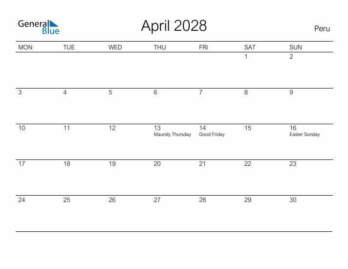 Printable April 2028 Calendar for Peru