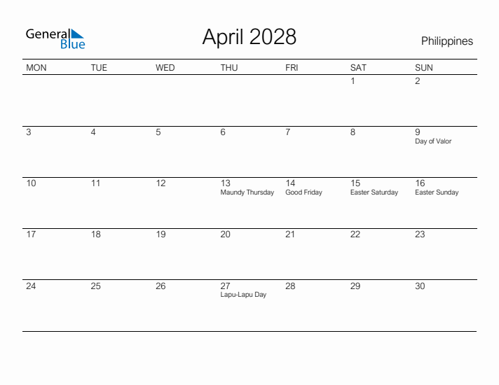 Printable April 2028 Calendar for Philippines