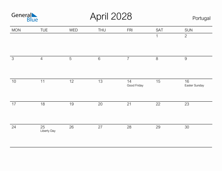 Printable April 2028 Calendar for Portugal