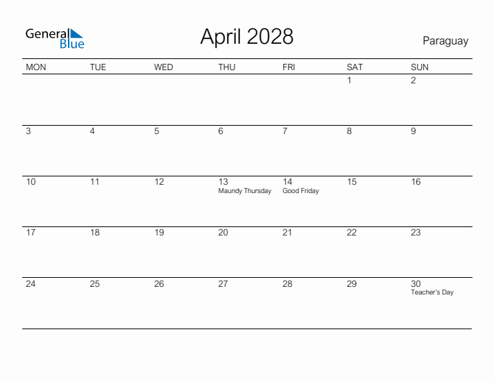Printable April 2028 Calendar for Paraguay