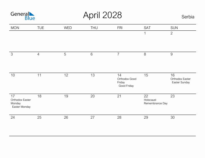 Printable April 2028 Calendar for Serbia