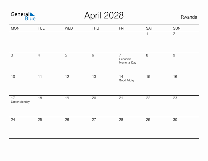 Printable April 2028 Calendar for Rwanda