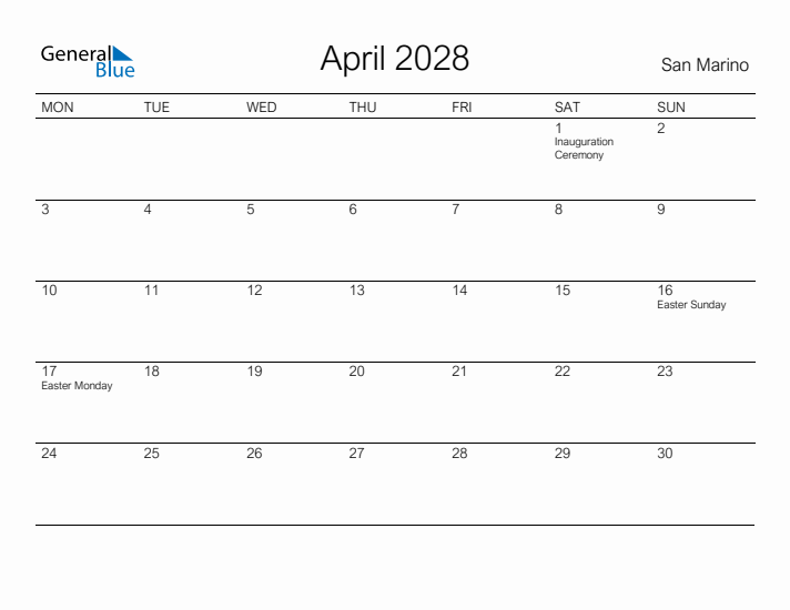 Printable April 2028 Calendar for San Marino