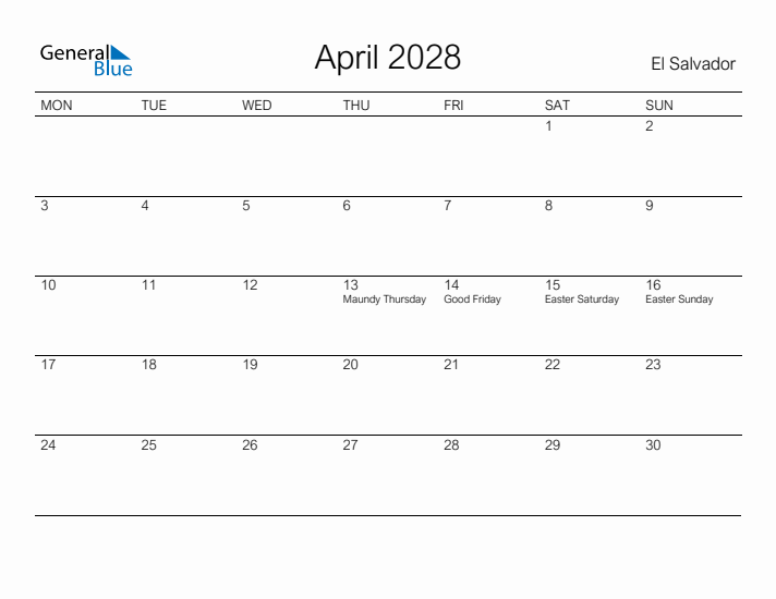 Printable April 2028 Calendar for El Salvador