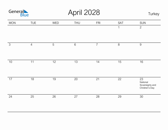 Printable April 2028 Calendar for Turkey