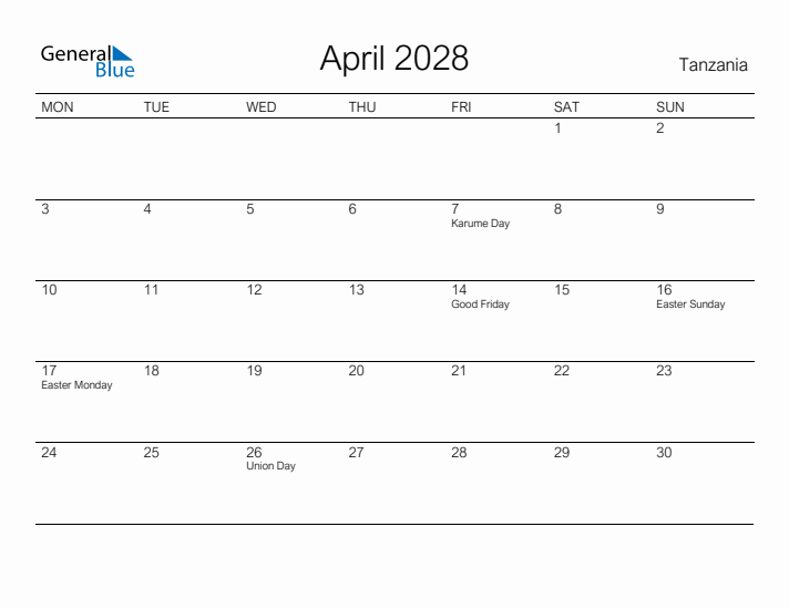 Printable April 2028 Calendar for Tanzania