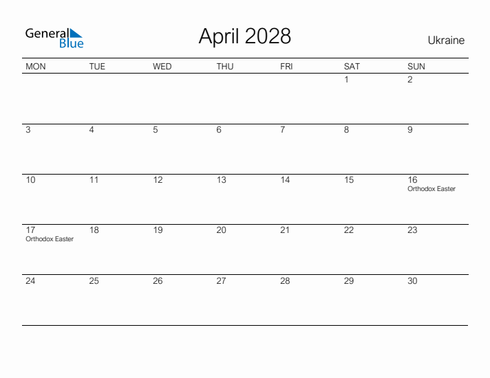 Printable April 2028 Calendar for Ukraine