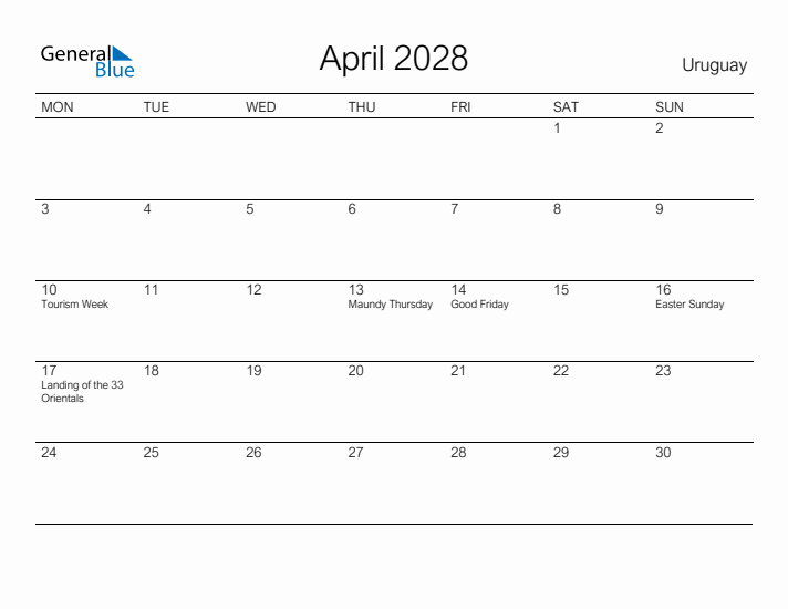 Printable April 2028 Calendar for Uruguay