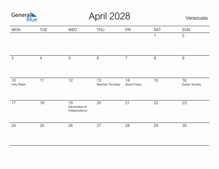 Printable April 2028 Calendar for Venezuela