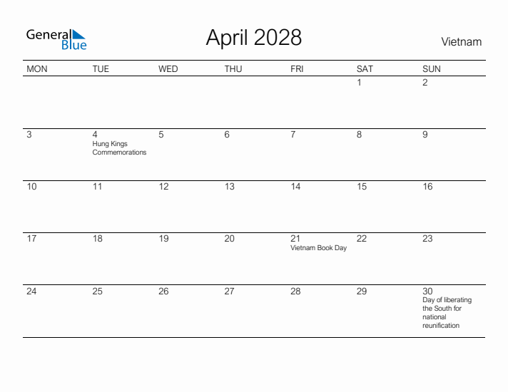 Printable April 2028 Calendar for Vietnam