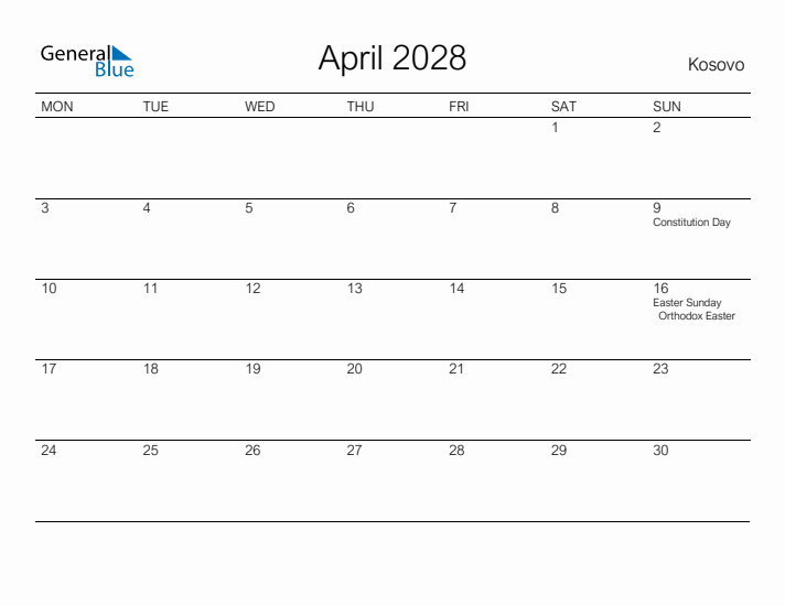Printable April 2028 Calendar for Kosovo