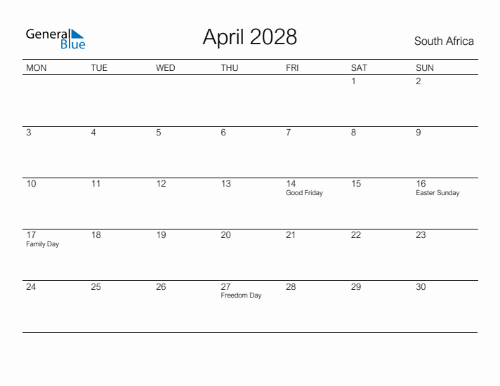 Printable April 2028 Calendar for South Africa