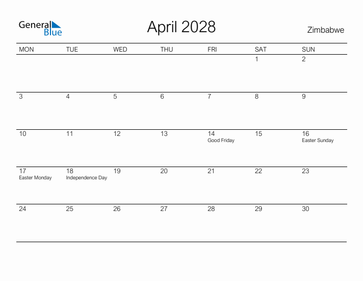 Printable April 2028 Calendar for Zimbabwe
