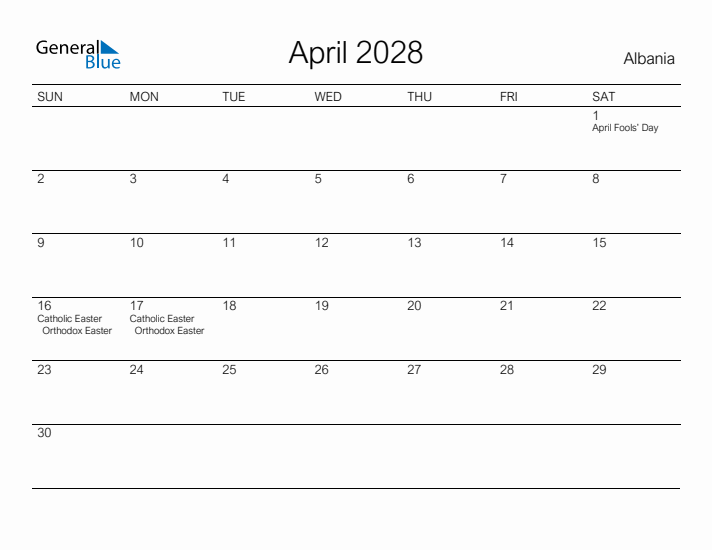 Printable April 2028 Calendar for Albania
