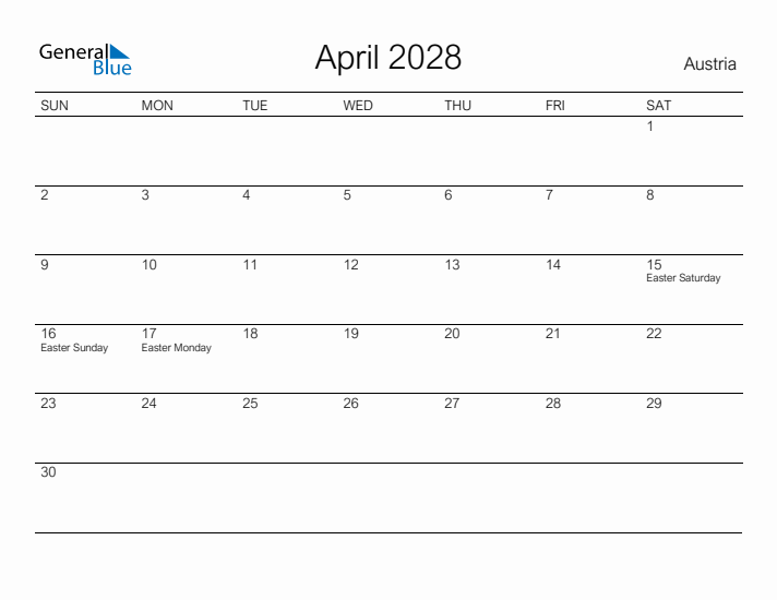 Printable April 2028 Calendar for Austria