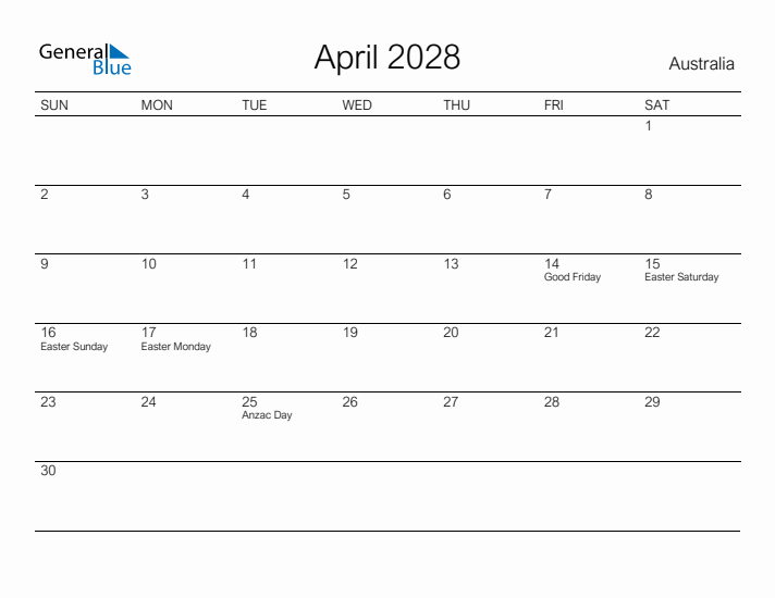 Printable April 2028 Calendar for Australia