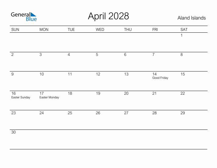 Printable April 2028 Calendar for Aland Islands