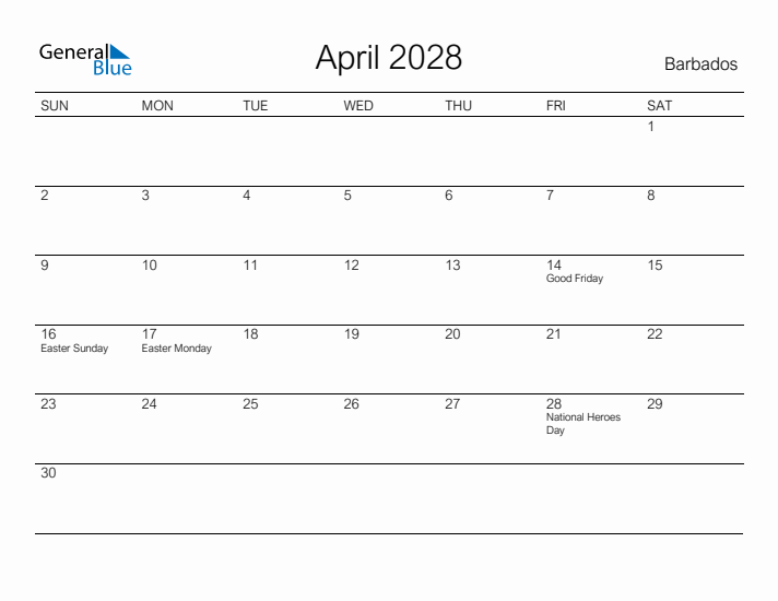 Printable April 2028 Calendar for Barbados