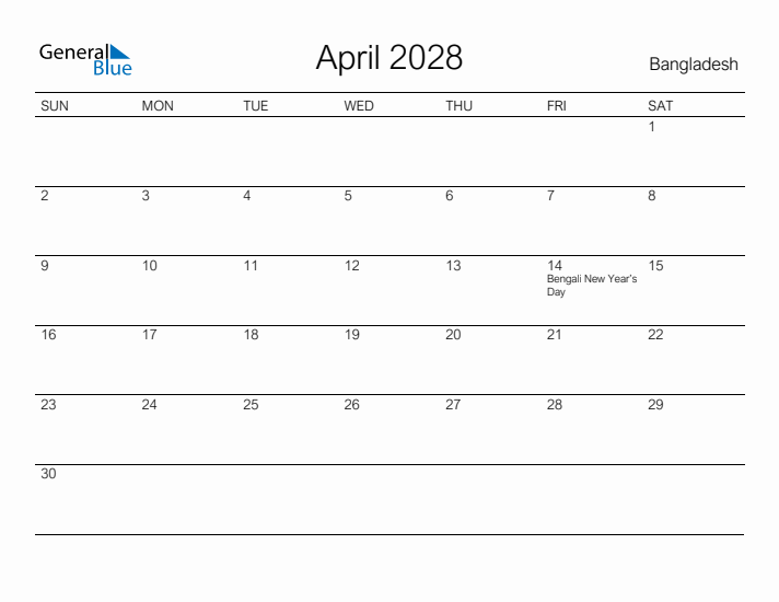 Printable April 2028 Calendar for Bangladesh