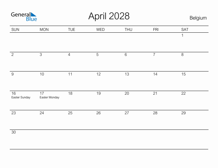 Printable April 2028 Calendar for Belgium