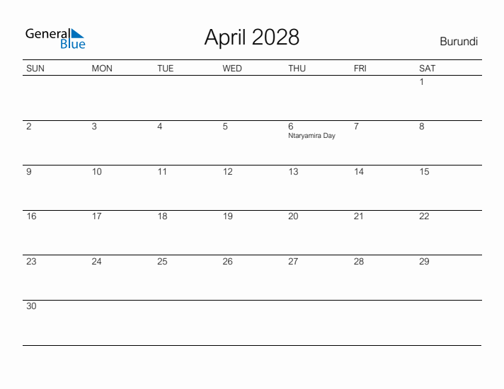 Printable April 2028 Calendar for Burundi
