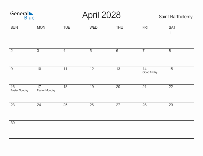 Printable April 2028 Calendar for Saint Barthelemy