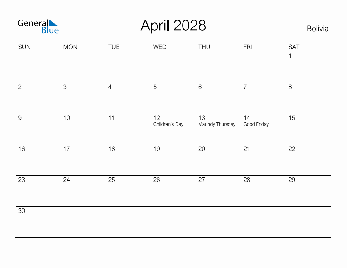 Printable April 2028 Monthly Calendar with Holidays for Bolivia