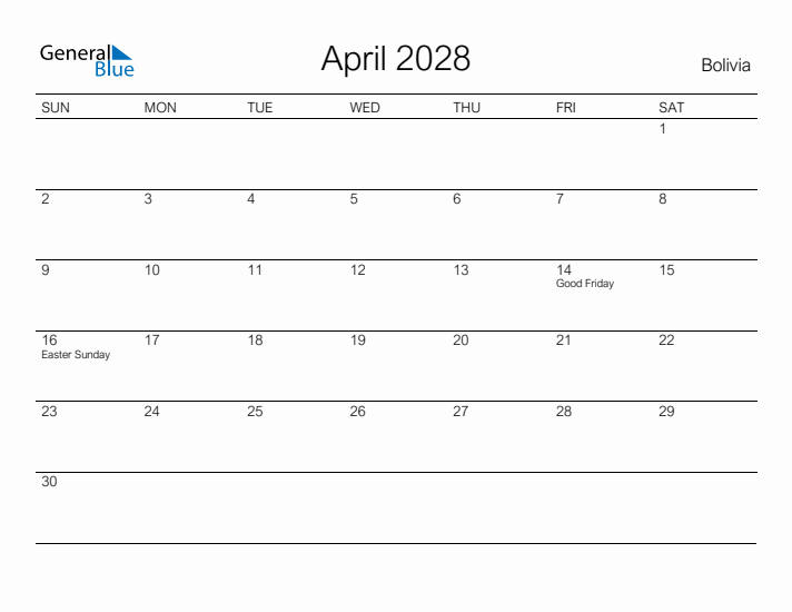 Printable April 2028 Calendar for Bolivia