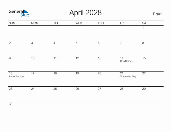 Printable April 2028 Calendar for Brazil