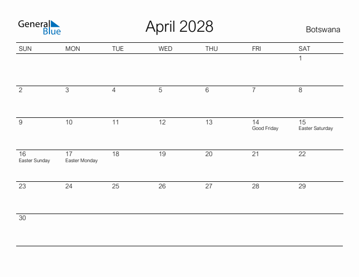 Printable April 2028 Calendar for Botswana