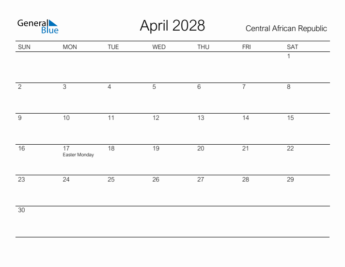 Printable April 2028 Calendar for Central African Republic