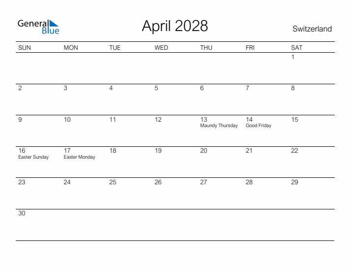 Printable April 2028 Calendar for Switzerland