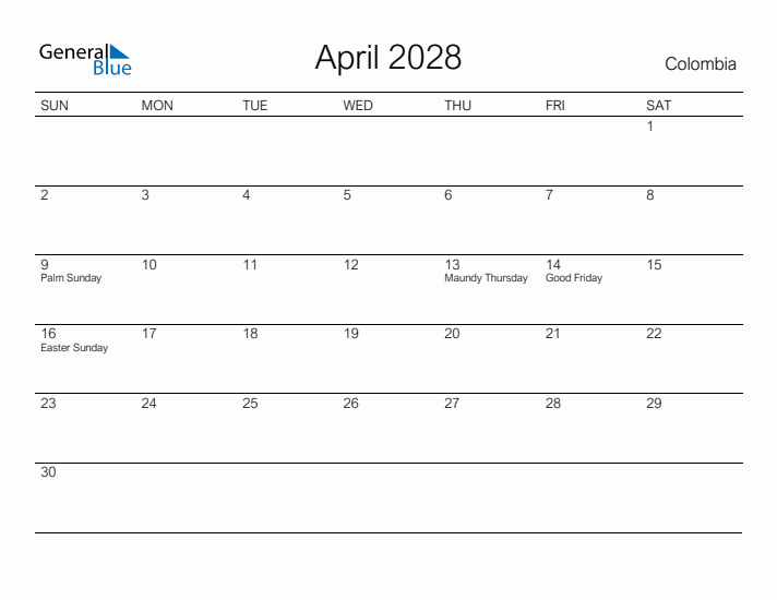 Printable April 2028 Calendar for Colombia