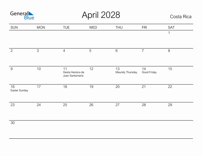 Printable April 2028 Calendar for Costa Rica