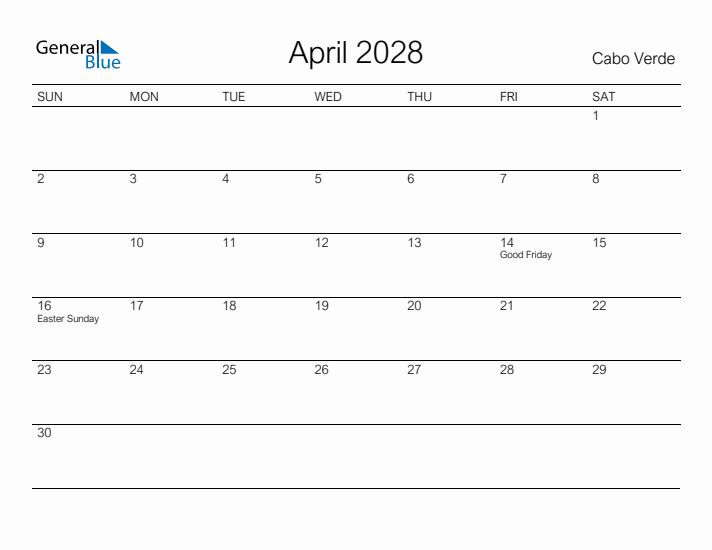 Printable April 2028 Calendar for Cabo Verde